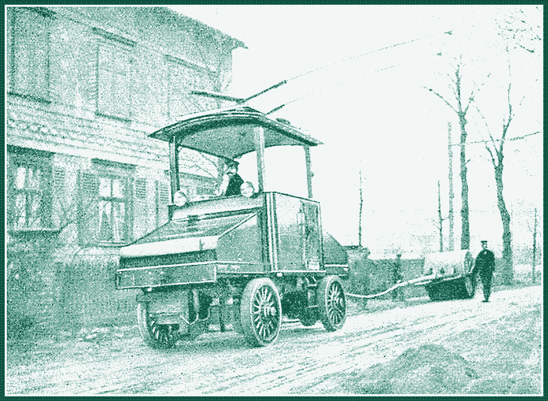 Image: Kalkbahn Grevenbrücker (1903-1907). The trolleytruck was also used to pull a rolling mill for road building.