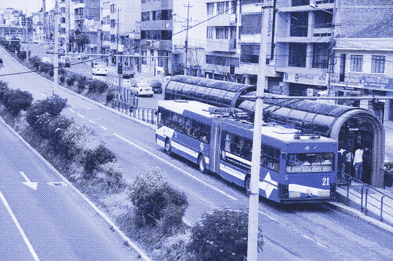 Image: A trolleybus stops at a station in Quito, Ecuador. Credit: waldopics, Wikimedia Commons, CC BY 2.0.