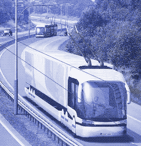 Image: A trolleytruck (in the front) and a trolleybus (in the back).