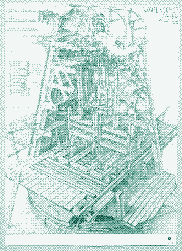 Image: Technical drawing of an industrial sawing mill. From &quot;Molenbouw: het staande werk van de bovenkruiers&quot;, Anton Sipman, 1975.