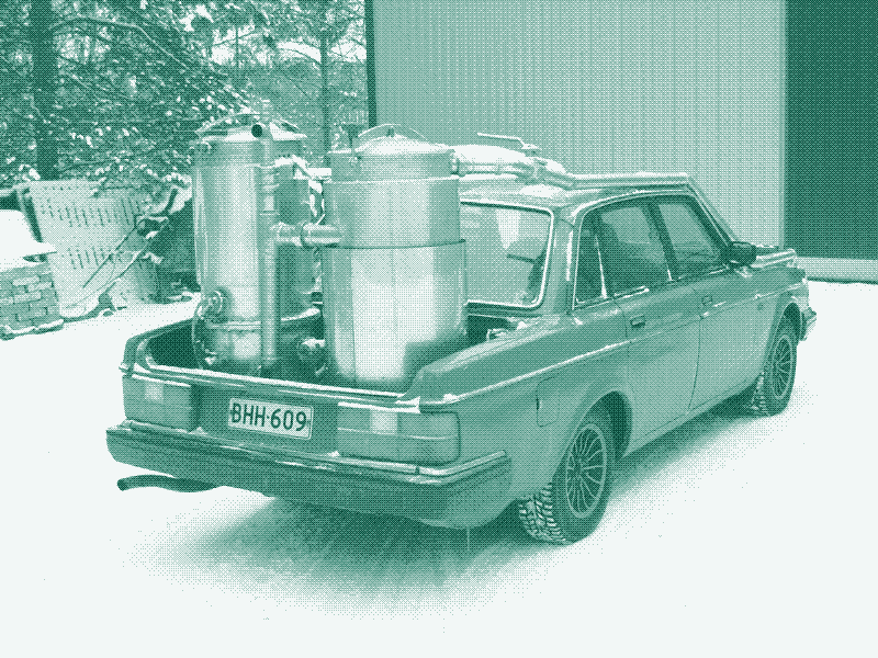 Image: A modern Volvo with a woodgas fuel tank.