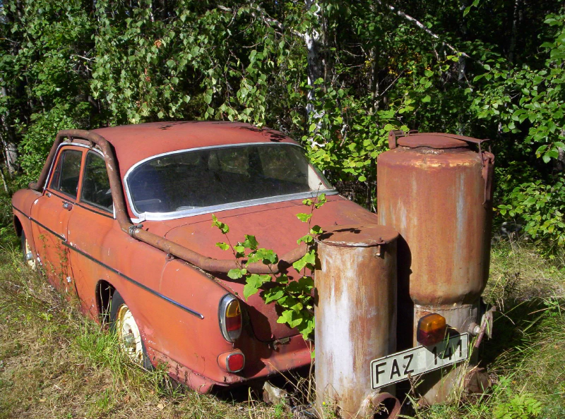 Image: An abandoned woodgas vehicle.