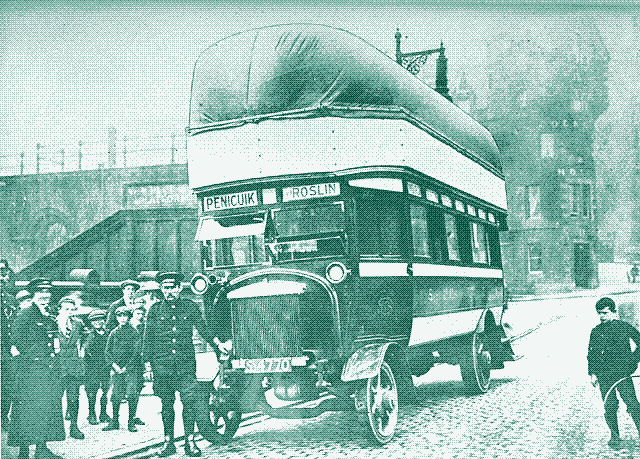 Image: Gas bag bus operated by the Scottish Motor Traction Company, 1914-1918.
