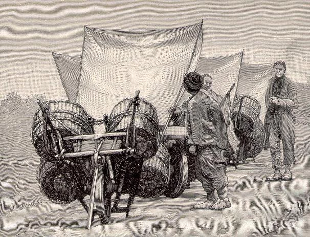 A Chinese wheelbarrow equipped with sails. Public domain.
