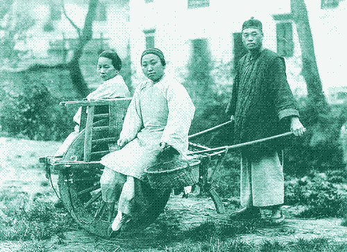 Image: A Chinese wheelbarrow carrying passengers.