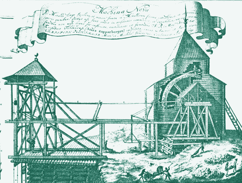 The hoisting mechanism at Blankstöten, Polhem&rsquo;s first machine at the Falun mine, completed in 1694. Note that the distance between the water wheel and the mine shaft is distorted. Engraving by Jan van Vianen, from a drawing by Samuel Buschenfelt.