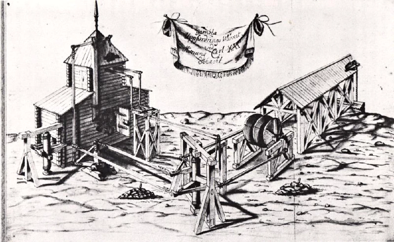 Polhem&rsquo;s hoisting apparatus at the King Karl XII shaft at the Falun mine in Sweden, built in 1701. Illustration by Samuel Sohlberg (1731)