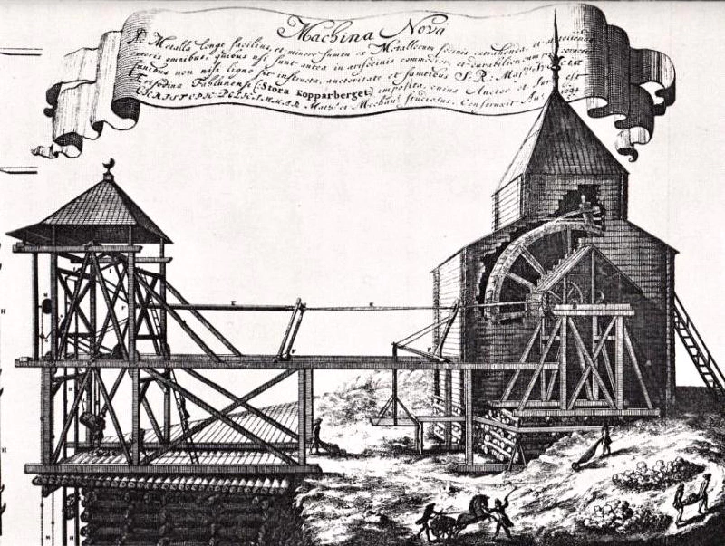 The hoisting mechanism at Blankstöten, Polhem&rsquo;s first machine at the Falun mine, completed in 1694. Note that the distance between the water wheel and the mine shaft is distorted. Engraving by Jan van Vianen, from a drawing by Samuel Buschenfelt.