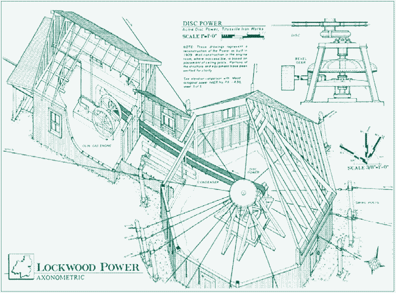 An axonometric view of the Lockwood Poer (built in 1909), near Warren, pennsylvania, showing the spatial relationship of machinery to structure inside a typical octagonal power. Drawing by Eric S. Elmer. Source: Library of Congress.