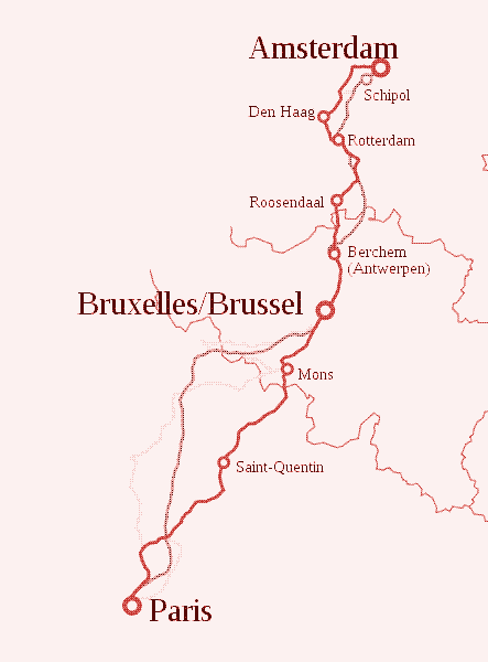 Map of trains from Paris to Amsterdam via Brussels.
