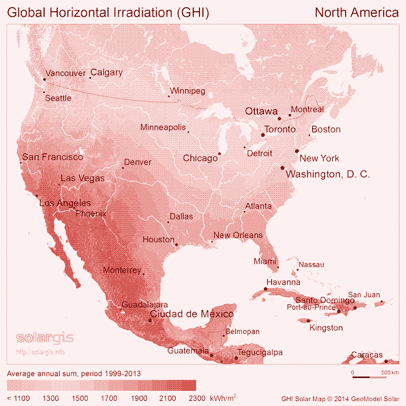 Map: Solar insolation the USA. Source: SolarGIS