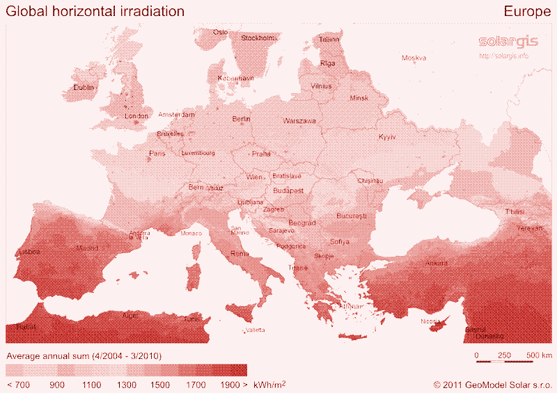 Map: Solar insolation in Europe. Source: SolarGIS