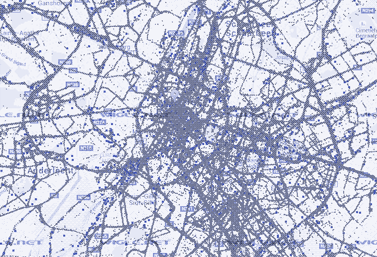 WiFi-routers in Brussels, Belgium, 2014-15. Blue dots are cell towers. Image: Wigle.