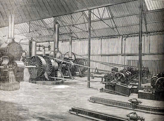 Picture: Brighton Electric Light Station, 1887. Stationary steam engines drive DC generators by means of leather belts. Source.