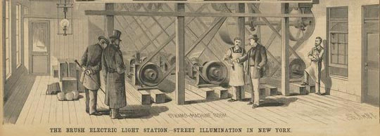 Illustration: Brush Electric Company&rsquo;s central power plant dynamos powered arc lamps for public lighting in New York. Beginning operation in December 1880 at 133 West Twenty-Fifth Street, it powered a 2-mile (3.2 km) long circuit. Source: Wikipedia Commons