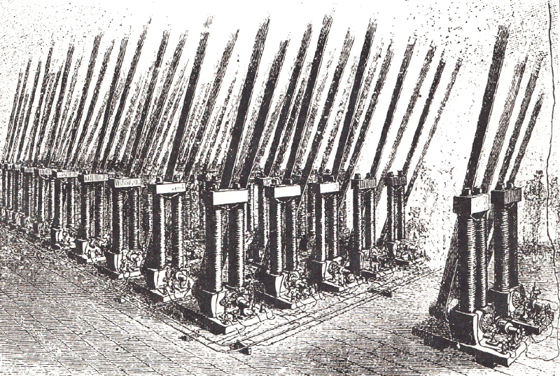 Early DC power stations had a dynamo for every light bulb. Source unknown.