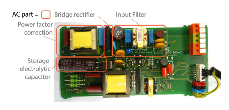 Image: Power driver for a 35W LED lamp. [^3] All parts that are necessary for AC to DC conversion are marked.