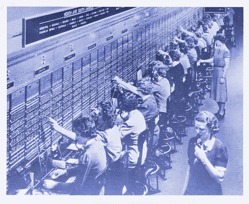 A large Bell System international switchboard in 1943.