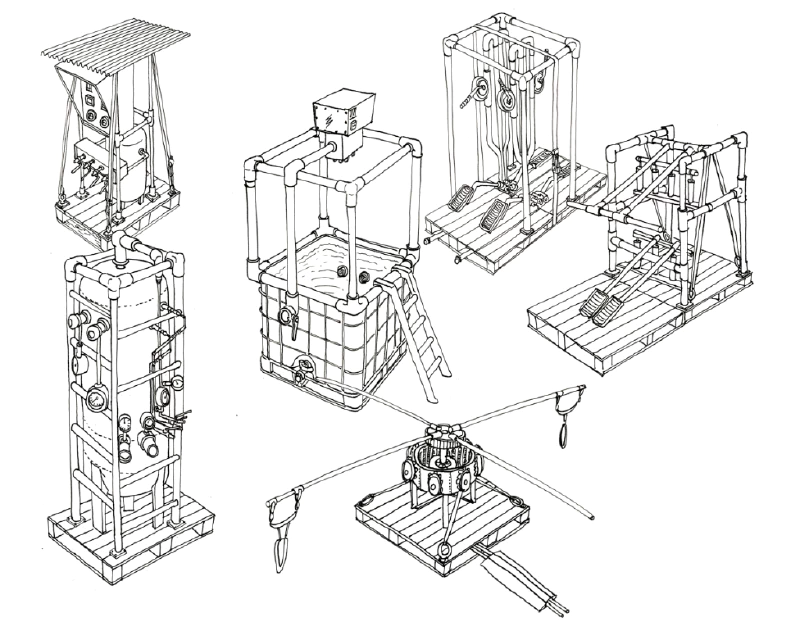 Various components of the prototype Human Power Plant. Illustration: Melle Smets.