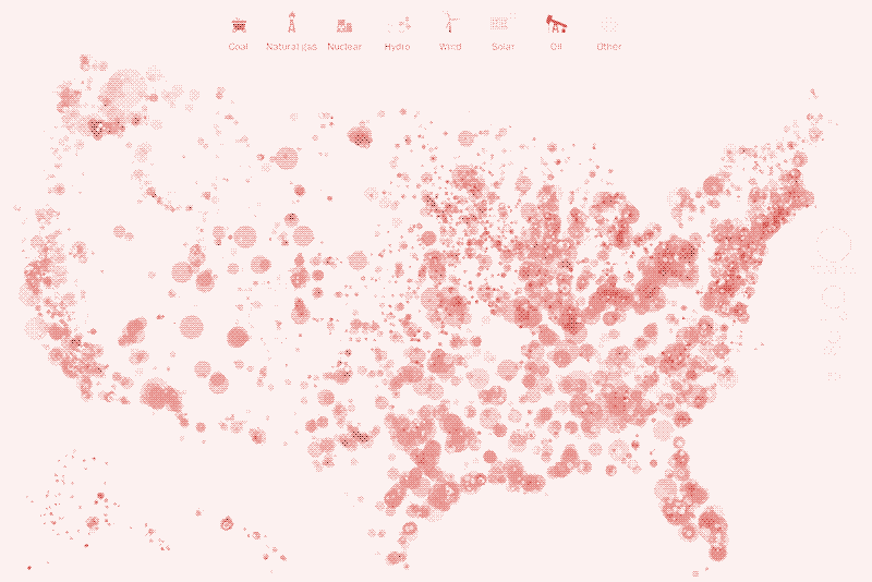 Every power plant in the USA. Visualisation by The Washington Post