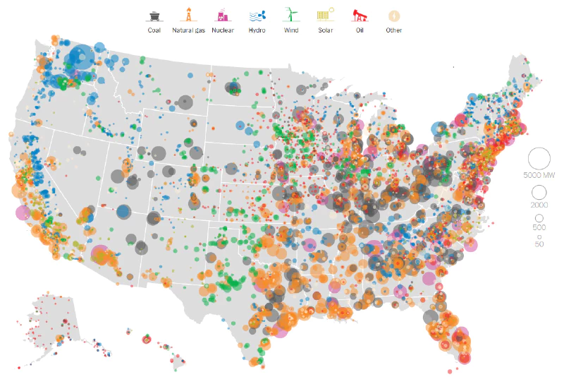 Every power plant in the USA. Visualisation by The Washington Post