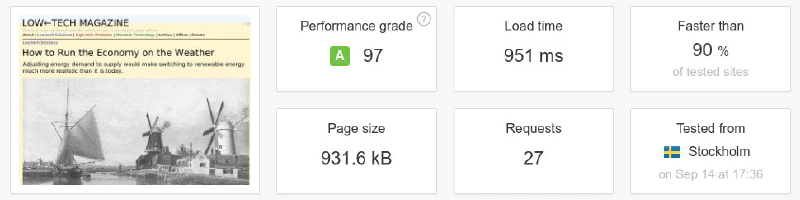 A web page speed test from the old and the new Low-tech Magazine. Page size has decreased more than sixfold, number of requests has decreased fivefold, and download speed has increased tenfold. Note that we did not design the website for speed, but for low energy use. It would be faster still if the server would be placed in a data center and/or in a more central location in the Internet infrastructure. Source: Pingdom.
