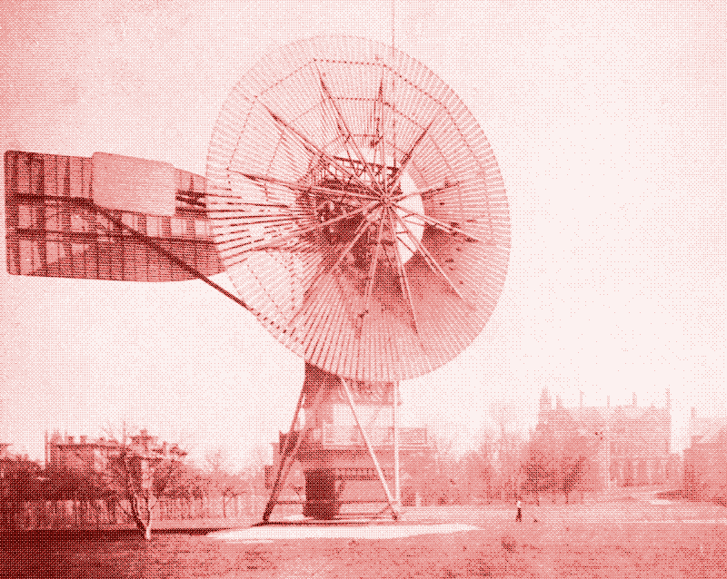 Image: The first wind turbine in the US, built by Charles F. Brush, had a 17 m diameter annular sail with 144 thin blades made of cedar wood.