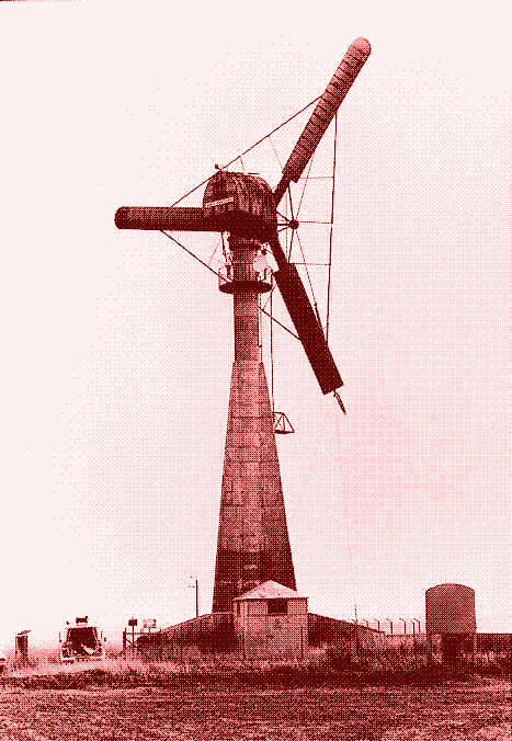 The three-bladed Gedser wind turbine relied on an air frame superstructure for blade stiffening.
