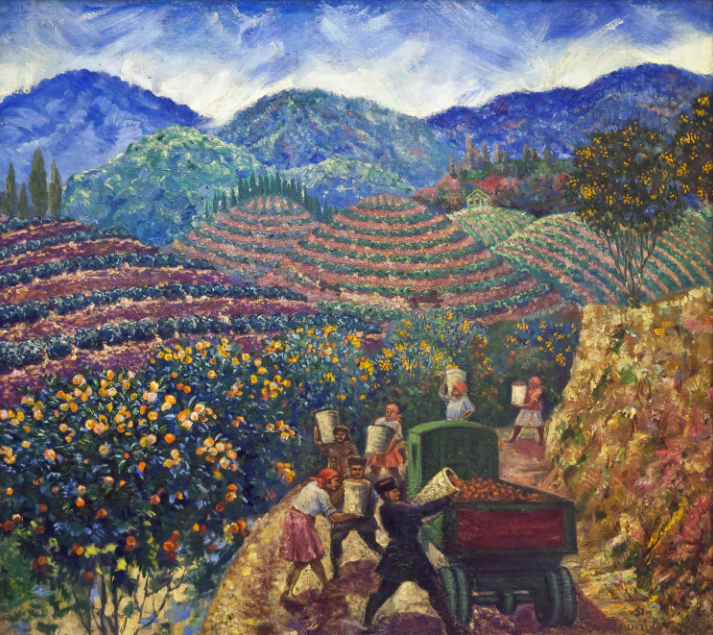 Image: "Collecting tangerines at the Chakva state farm", a painting by Mikhail Beringov, 1930s.