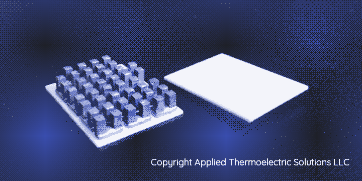 A thermoelectric module. Image used with permission, Applied Thermoelectric Solutions LLC, How Thermoelectric Generators Work.