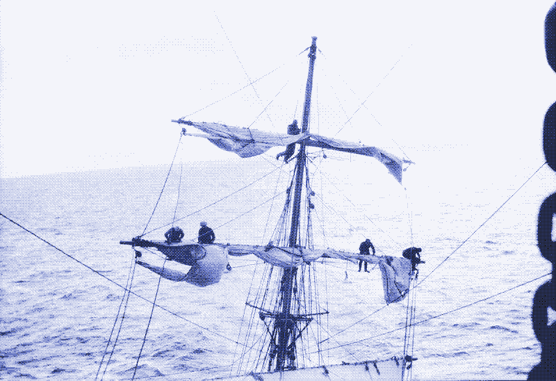 The mizzen of the ‘Grace Harwar’; view aft from the main crosstrees. Alan Villiers, 1932-33.