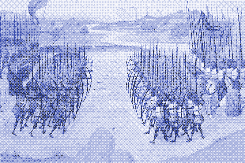 European warfare: men standing in rigid lines, shooting into each other. Image depicts the battle of Agincourt (1415). Source: Antoine Leduc, Sylvie Leluc et Olivier Renaudeau (dir.), D&rsquo;Azincourt à Marignan. Chevaliers et bombardes, 1415-1515, Paris, Gallimard / Musée de l&rsquo;armée, 2015, p. 18-19, ISBN 978-2-07-014949-0