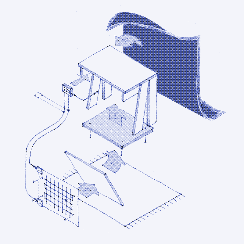 Image: How to assemble an electrically heated and insulated table. 1. Fix carbon heat foil to thin wood board 2. Fix wood board to table 3. Add cork insulation between wood board and table 4. Add blanket. Illustration: Marie Verdeil.