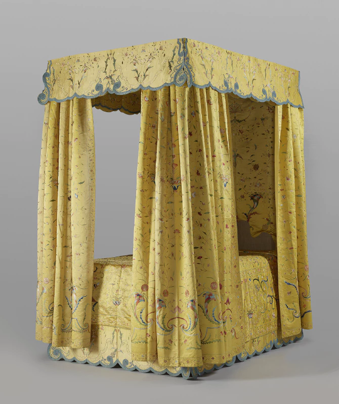 Image: Embroidered silk bed hangings exported from China, c. 1760-1770. Source: Rijksmuseum. Image in the public domain.