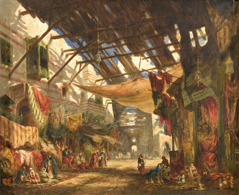 Image: “The Carpet Bazaar, Cairo”, a painting by William James Müller, 1843. Bristol Museum & Art Gallery. Image in the public domain.