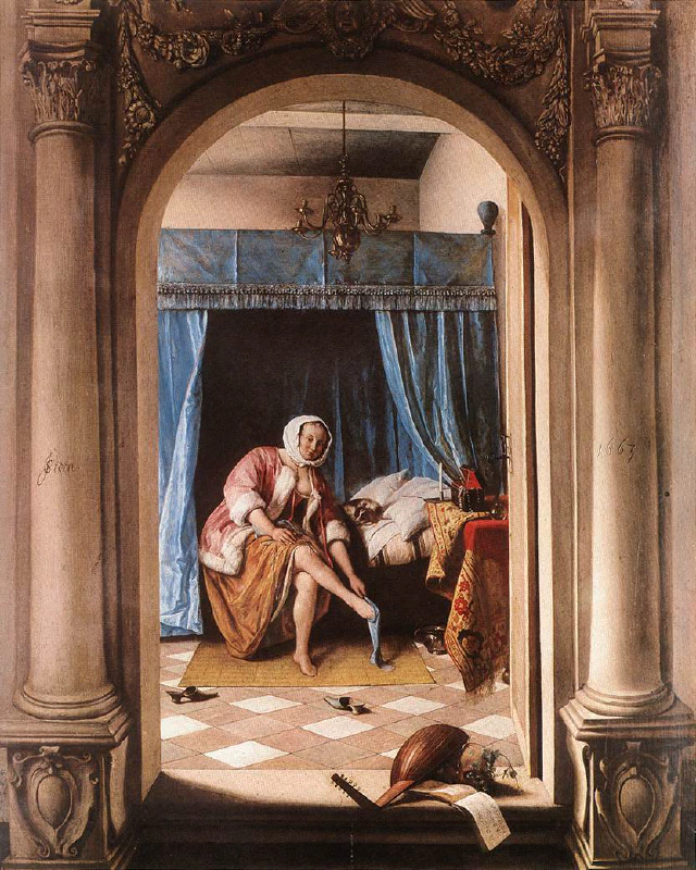Image: Bed hangings, floor carpet, and table mat. “The Morning Toilet”, a painting by Jan Steen, 1663. Image in the public domain.