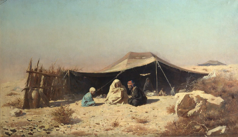 Image: “Arabs in the desert”, a painting by Vasili Veresjtsjagin. End of 19th or early 20th century. Image in the public domain. Inside the tent, temperatures could be up to 10-15 degrees Celsius cooler than in the surrounding atmosphere.