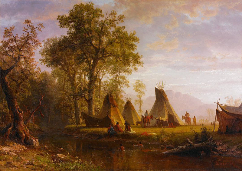 Image: Indian Encampment, a painting by Albert Bierstadt, 1862. Crystal Bridges Museum of American Art. Image in the public domain.