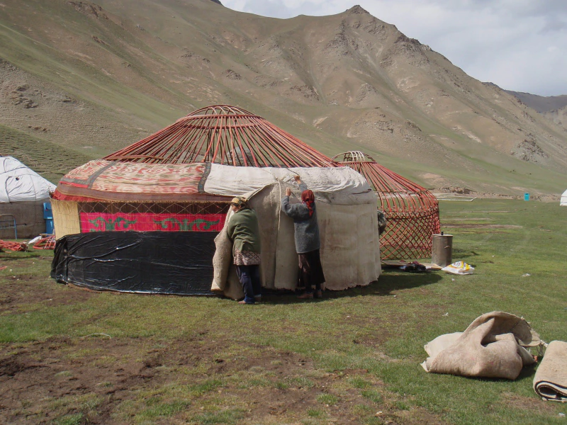Image: Kyrgyz women placing felt covering on a kibitka tent, 2010. Photo credit: Raki_Man (CC BY 3.0).