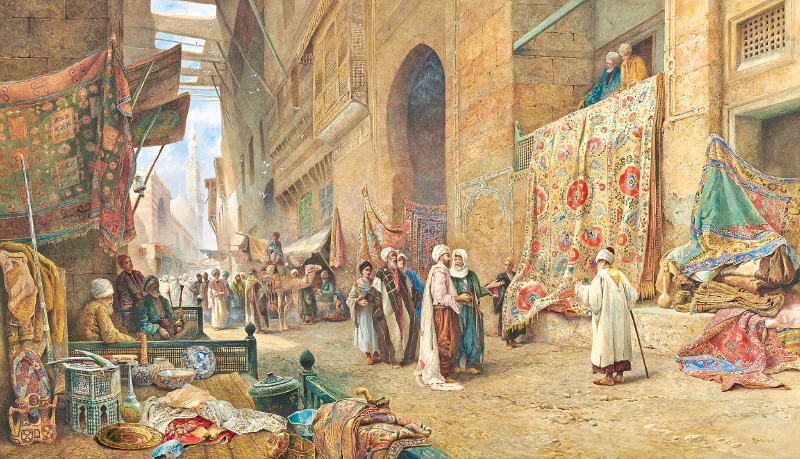 Image: “A Carpet Seller, Cairo”. A painting by Charles Robertson. Image in the public domain. Before 1892.