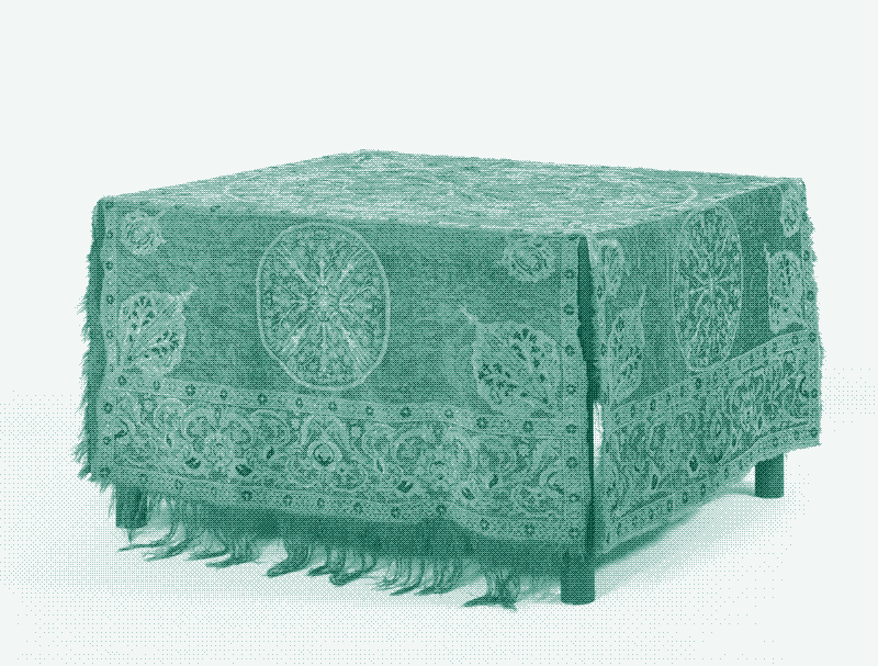 Image: Table carpet woven in cruciform shape, wool knotted pile on wool foundation, medallion design with Ottoman floral motifs on red ground, probably Ottoman Cairo, Egypt, 1550-1600. Source: V&A. https://collections.vam.ac.uk/item/O67146/table-carpet-table-carpet-unknown/