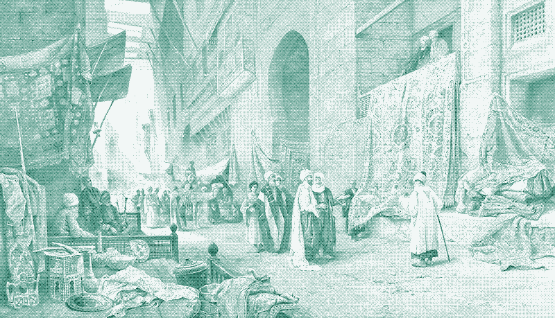 Image: “A Carpet Seller, Cairo”. A painting by Charles Robertson. Image in the public domain. Before 1892.