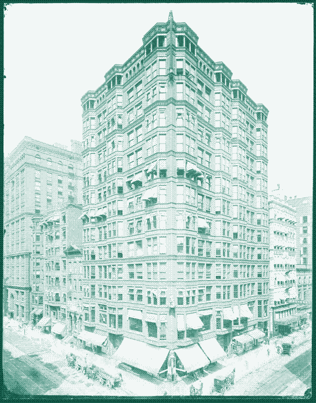 Image: The Tacoma Building in Chicago, 1905. The awnings were later replaced by airconditioning units. Image in the public domain.