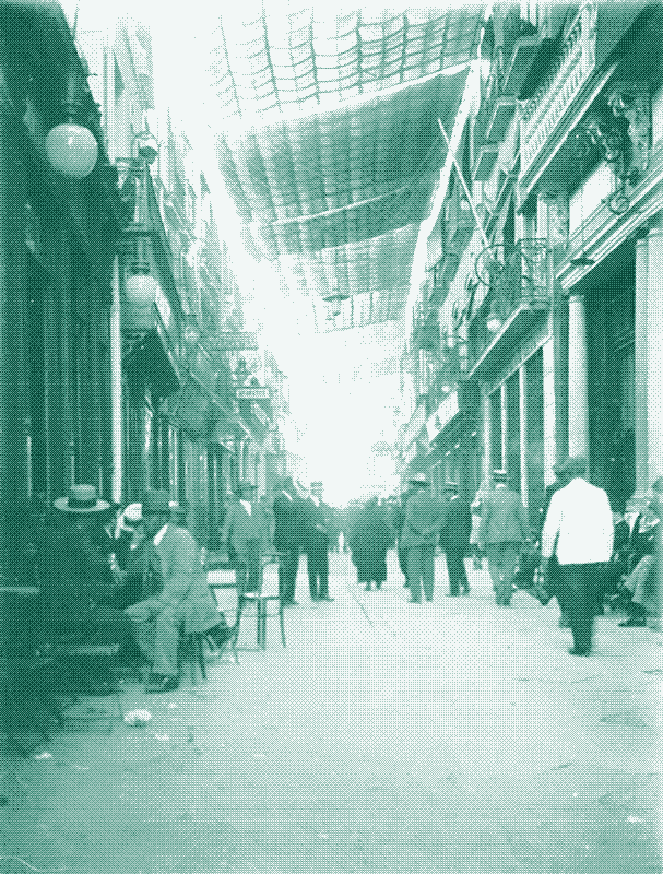 Image: Street toldos in Calle Sierpes, Sevilla, Spain, 1918. Image in the public domain.