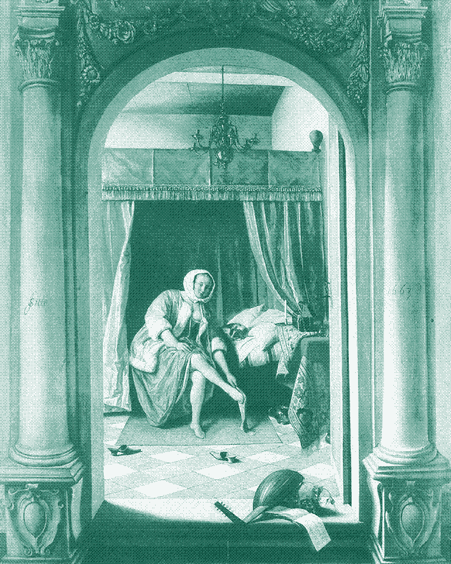 Image: Bed hangings, floor carpet, and table mat. “The Morning Toilet”, a painting by Jan Steen, 1663. Image in the public domain.