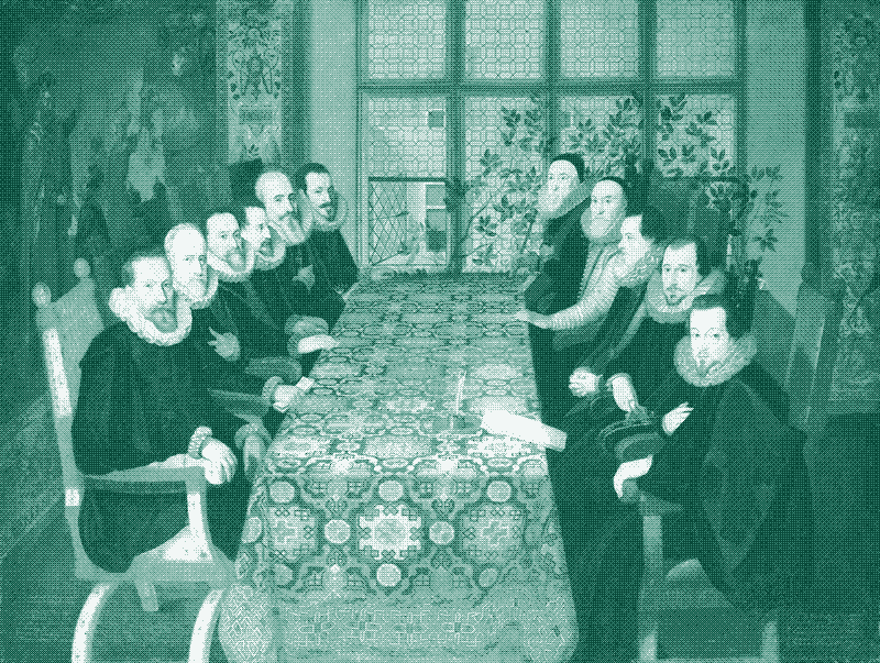 Image: “The Somerset House Conference”. Spanish delegation on the left, English delegation on the right, a table carpet in the middle. A painting by Juan Pantoja de la Cruz, 1604. Image in the public domain.