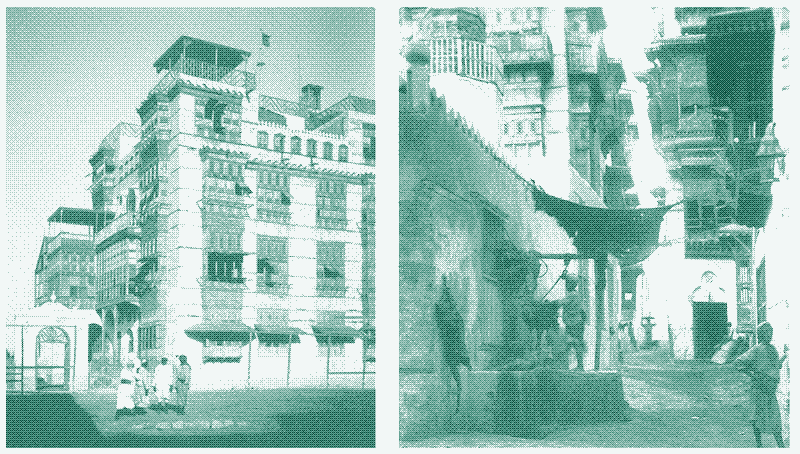 Image left: British Counsel Building 1917. People in the hot, arid climate in the Red Sea region have traditionally used an elaborately carved wooden window screen called a &ldquo;masharabiya&rdquo; (Egypt), &ldquo;rowshan&rdquo; (Saudi Arabia) or &ldquo;jali&rdquo; (India, Pakistan). [^11][^28][^36] It consists of a wooden lattice structure that juts out into the street and covers a single window or multiple windows from the top to the bottom of the building. &ldquo;Shishes&rdquo;, woven grass or reed mats hung in windows and doorways, were the more affordable version for less wealthy people. Image right: Street Scene 1916. Photo credit: [^36].