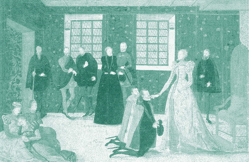 Image: Rush matting covers the entire floor. “Queen Elizabeth I of England receives Dutch ambassadors”, a painting by Levina Teerlinc, 1558. Image in the public domain.