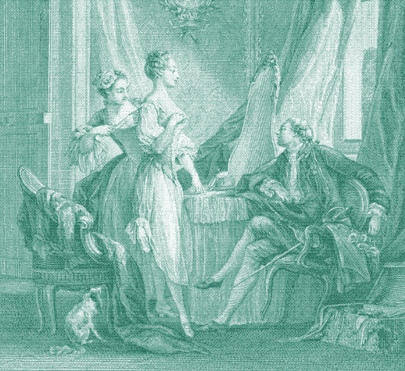 Image: In many historical cases, there were close relationships between upholstery, drapery, and dress. [^11] Detail from: Nicolas Ponce (1746–1831) after Pierre Antoine Baudouin (1723–1769), La toilette, engraving, 1771. Metropolitan Museum of Art, Harris Brisbane Dick Fund, 1954, 54.533.12. Image in the public domain.