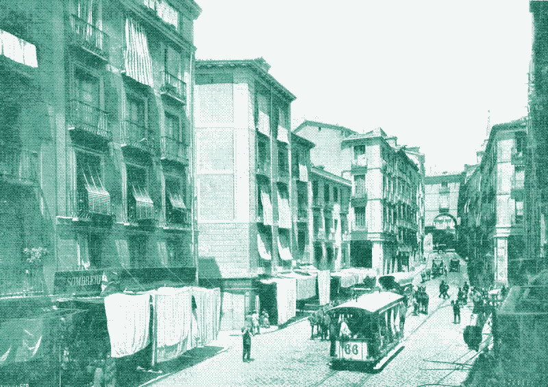 Image: A variety of toldos and awnings in a street in Madrid, Spain, in 1919. Image in the public domain.